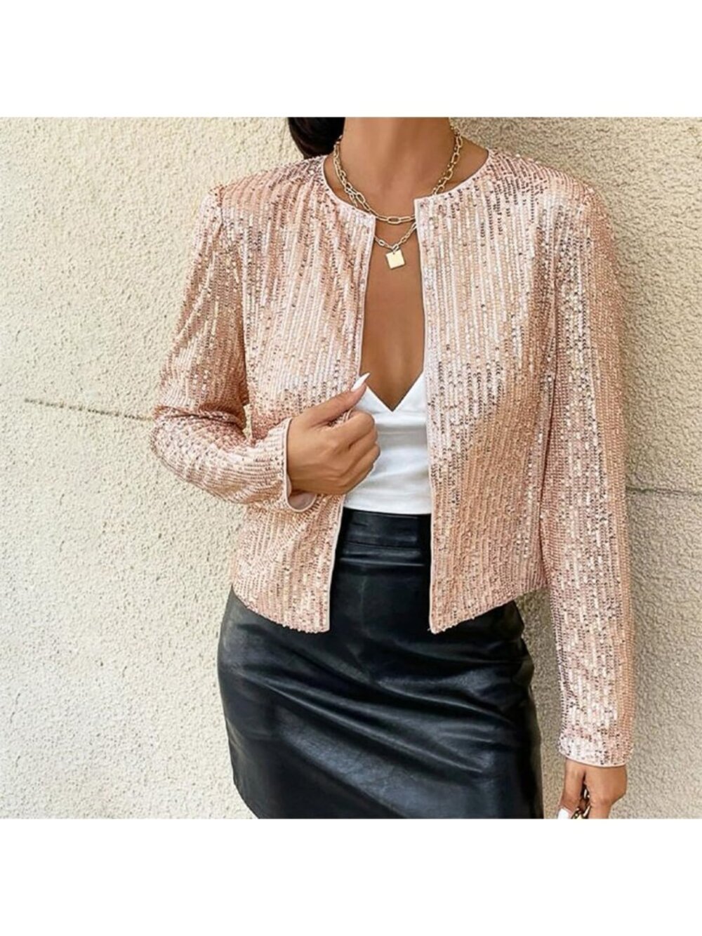 Women’s Rose Gold Sequin Jacket Long Sleeve Open Front Coat Glitter Short Blazer